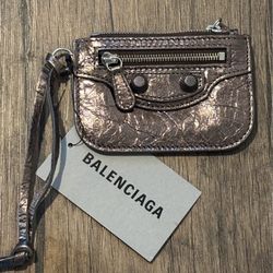 Balenciaga Metallic Silver Crinkle Leather Wristlet Card Holder NEW