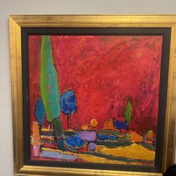 Painting by Israel Ziv,  Landscape, Oil on Canvas  Bazaar Bungalow Measuring an impressive 42.75x42.75" this bold and unique modern landscape oil pain