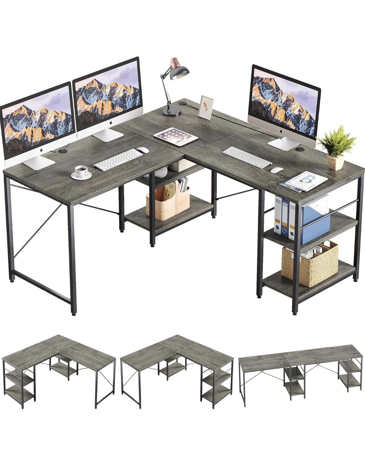 Bestier L Shaped Desk with Shelves,Reversible Corner Computer Desk or 2 Person Long Table for Home Office