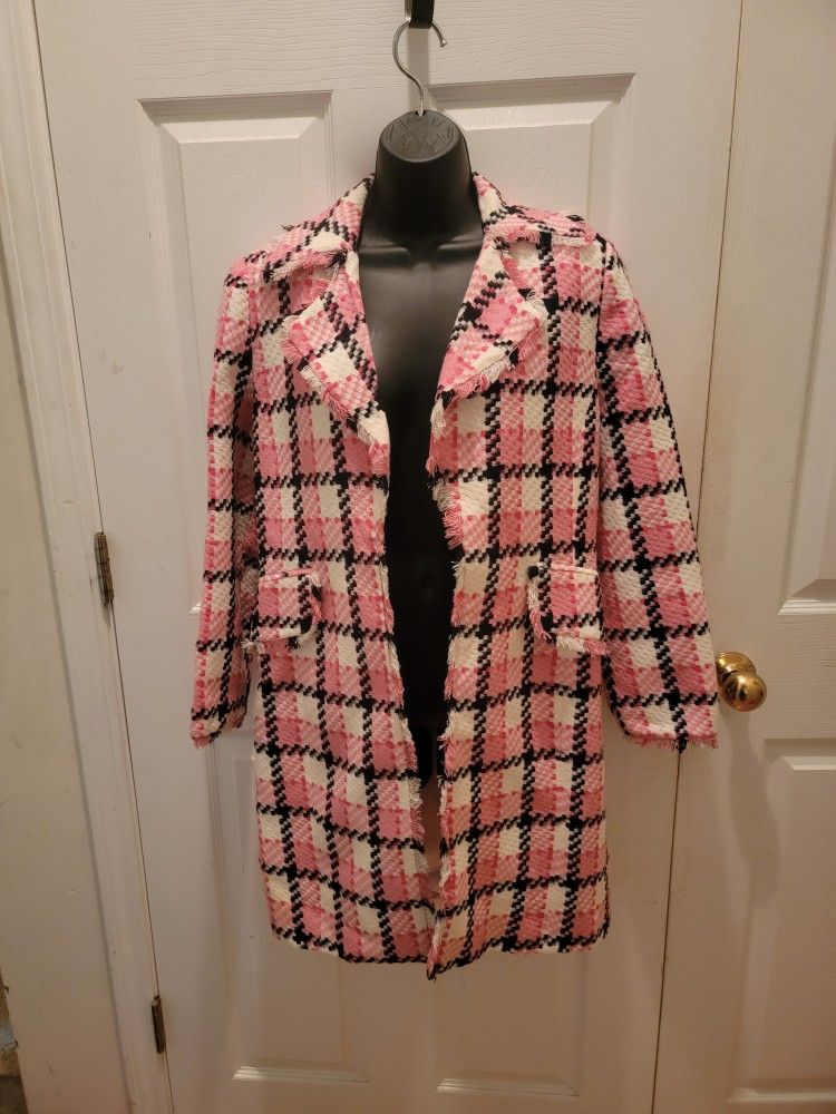 W.D.N.Y. Womens Open Pink/Black Plaid Tweed Coat with Fringe, Size 8 Petite