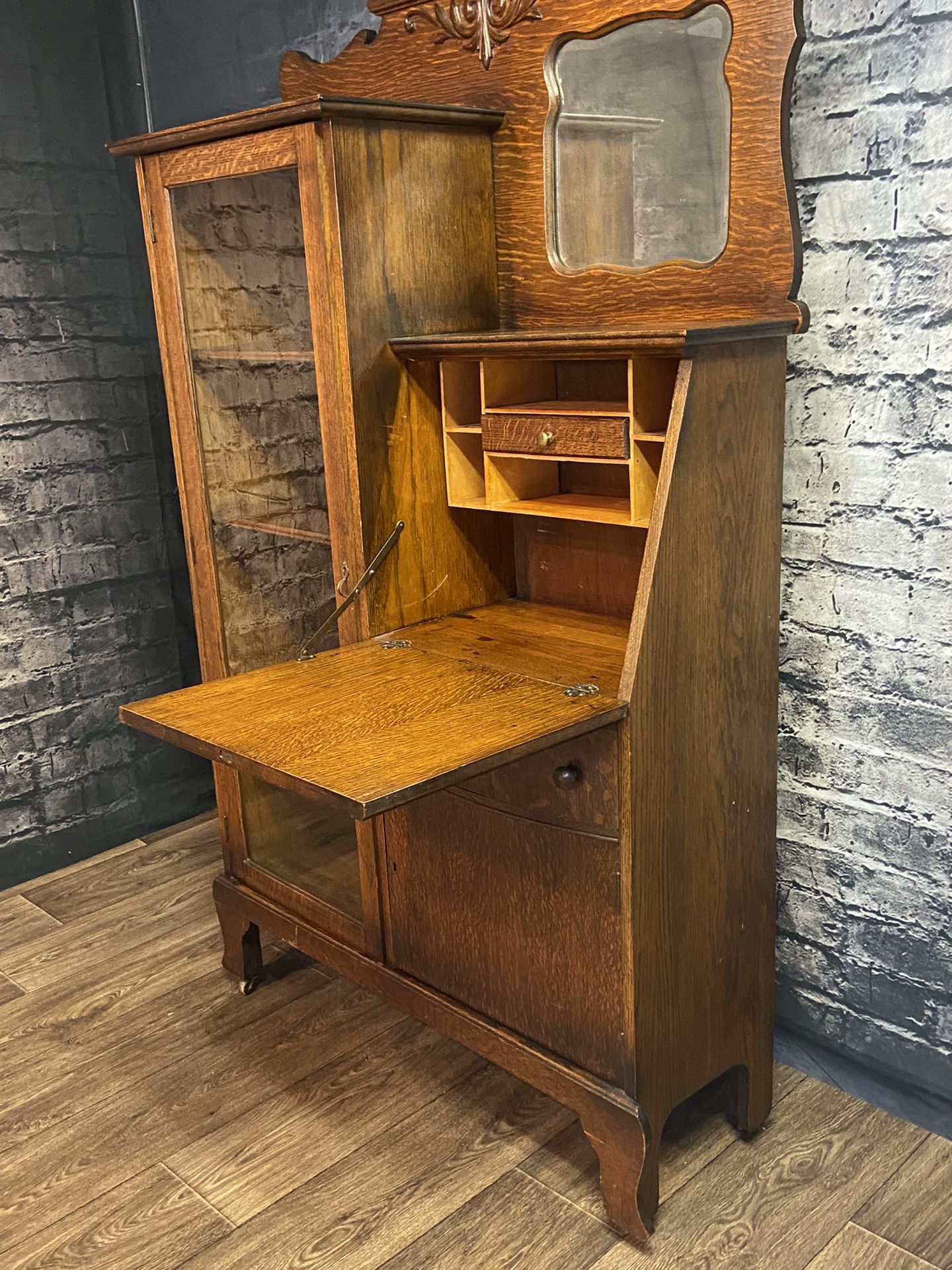 Antique Tiger Oak Secretary Desk with Book Shelves