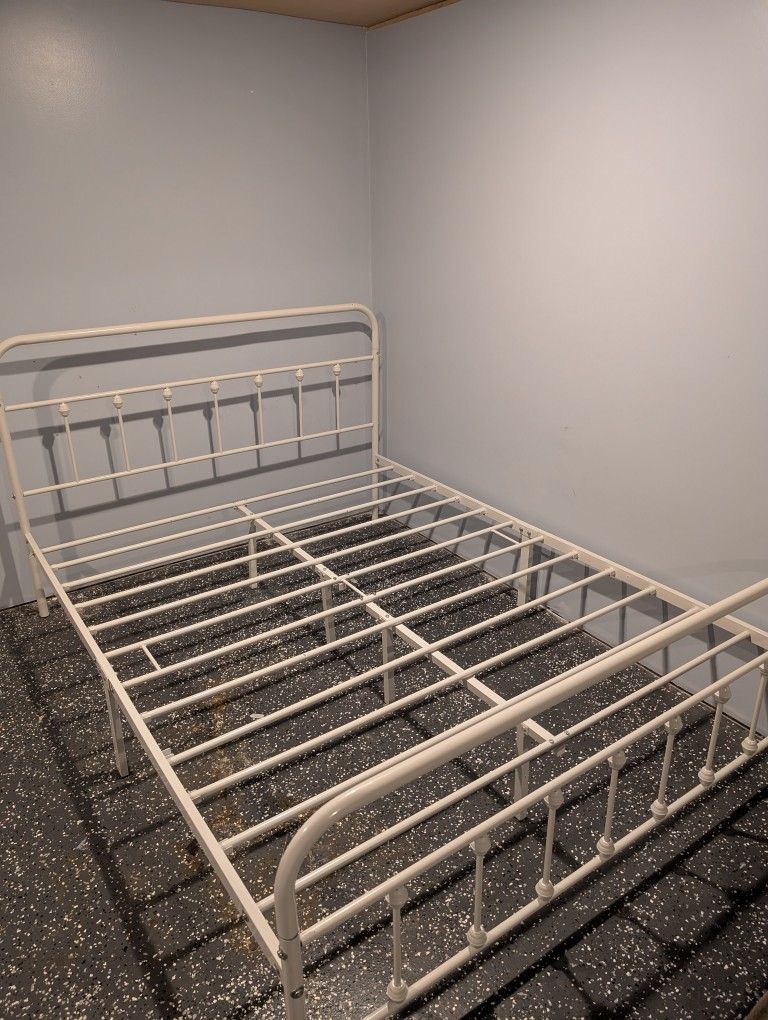 White Queen Size Bed Frame With Built In Headboard 