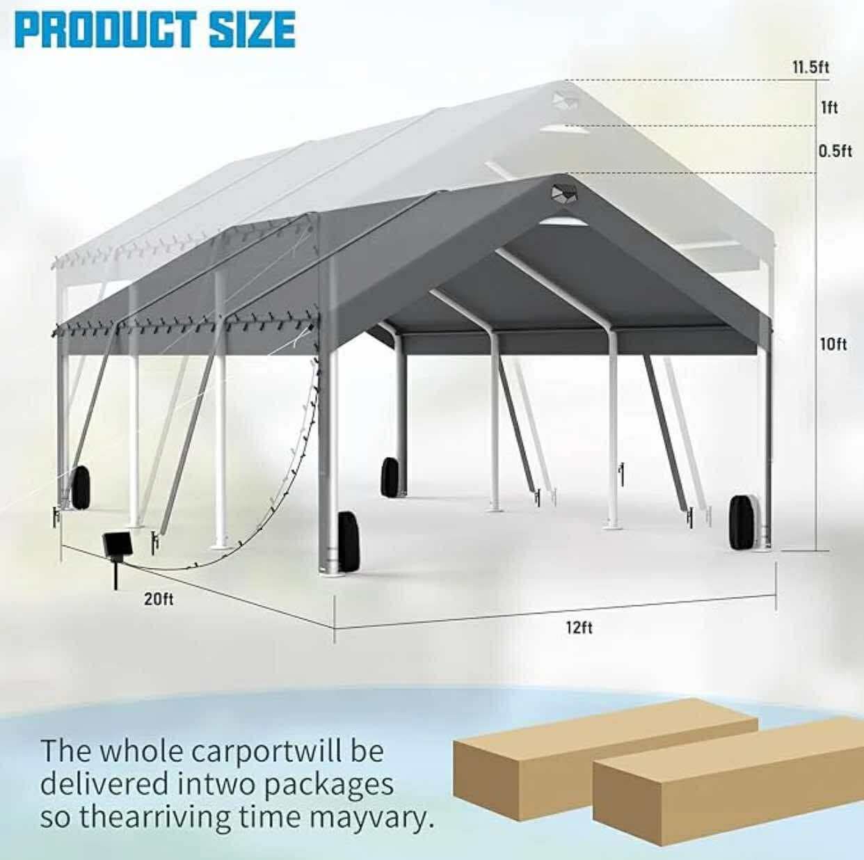 Carport Canopy 12x20FT Heavy Duty, Carport Canopy Adjustable Height, Portable Car Port Garage, Car Shelter All Weather, Grey