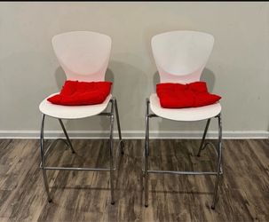 Set of 2 Modern White Kimball Office Bar Stools With Chrome Frame & Red Cushions