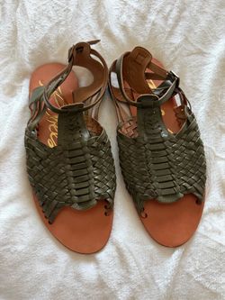 Woven Leather Gladiator Sandals Olive Green Huarache Flat Ankle Strap Size 9