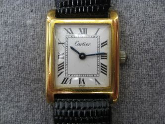 1970's Ladies Cartier Tank Roman Dial Manual 18K Gold Plat Wrist Watch