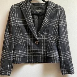 Escada Bushra Virgin Wool Angora Black White Plaid One Button Blazer Sz 38