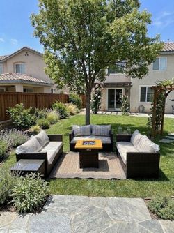 9 piece outdoor patio furniture set with propane fire pit and 2 ottomans