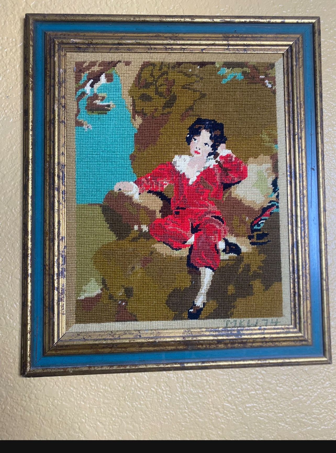 The Red Boy Needlepoint Vintage Gold Frame Ornate Vtg 