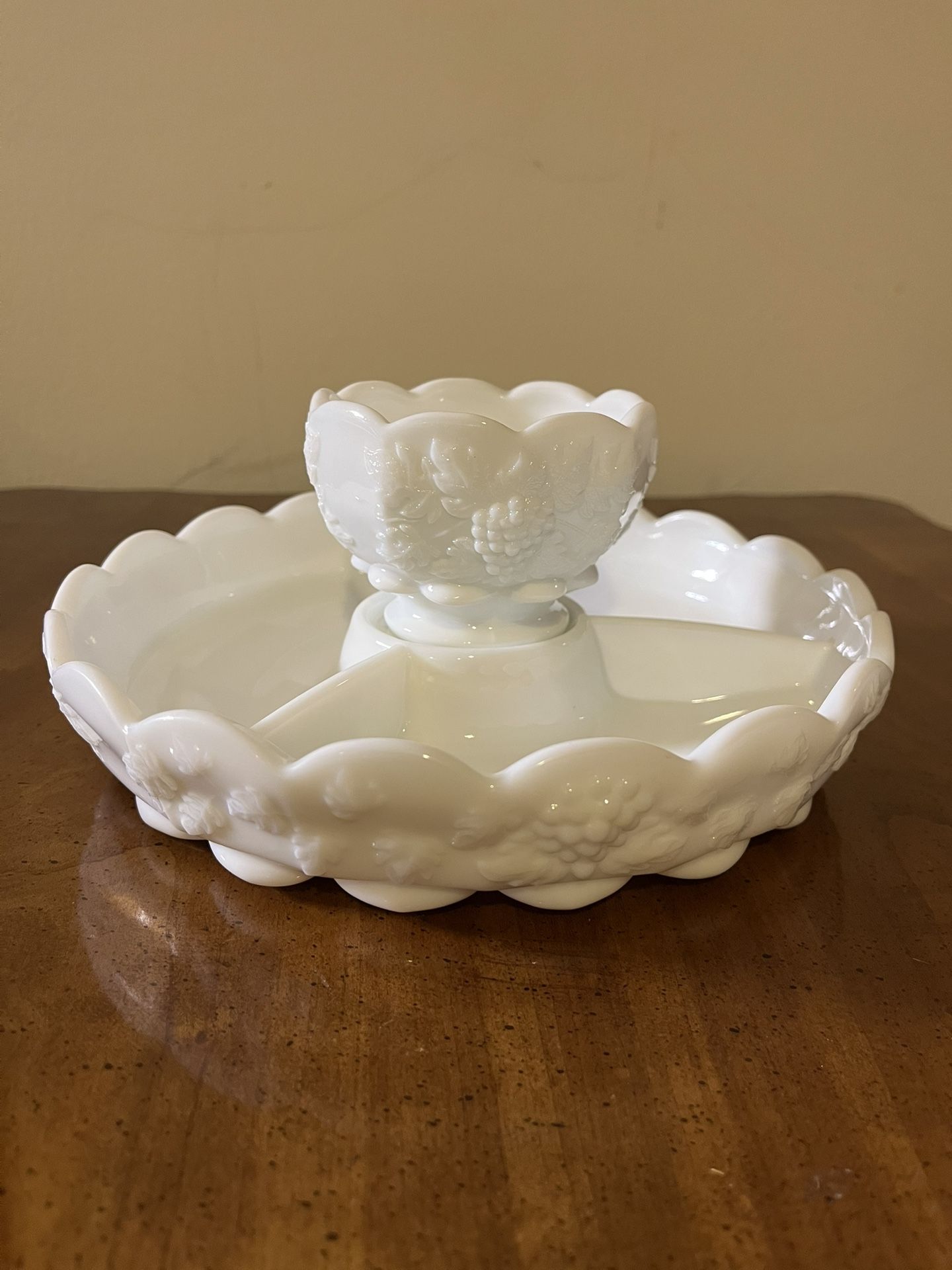 Vintage 1940s Westmoreland Milk Glass Serving Set - Divided Dish with Center Bowl - Paneled Grape Design