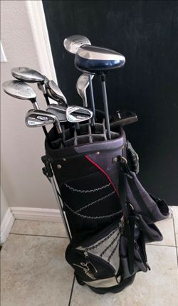 Golf Club Full Set Adams Tight Lies hybrid 3,4 and misc 5,6,7,8,9, S Wedge putter woods and driver Irons right Handed 12 Piece total set includes Nick