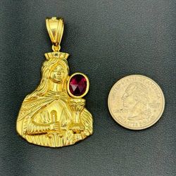 10k yellow gold 2 CT lab Ruby Solid Gold Saint Barbara Pendant 6 grams