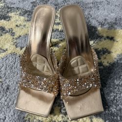 Champagne colored high heel sandal with rhinestones Pre-Owned