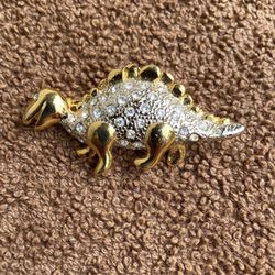 Vintage Dinosaur Gold Tone Brooch With Clear Rhinestones 