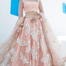 Peach Foil Embroided Net Lehenga 
