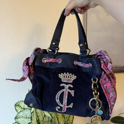Vintage Y2K Juicy Couture Blue Velour Purse With Pink Paisley Accent