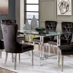 Brand New Black Chrome Acrylic, Glass, Metal 7pc Dining Table Set