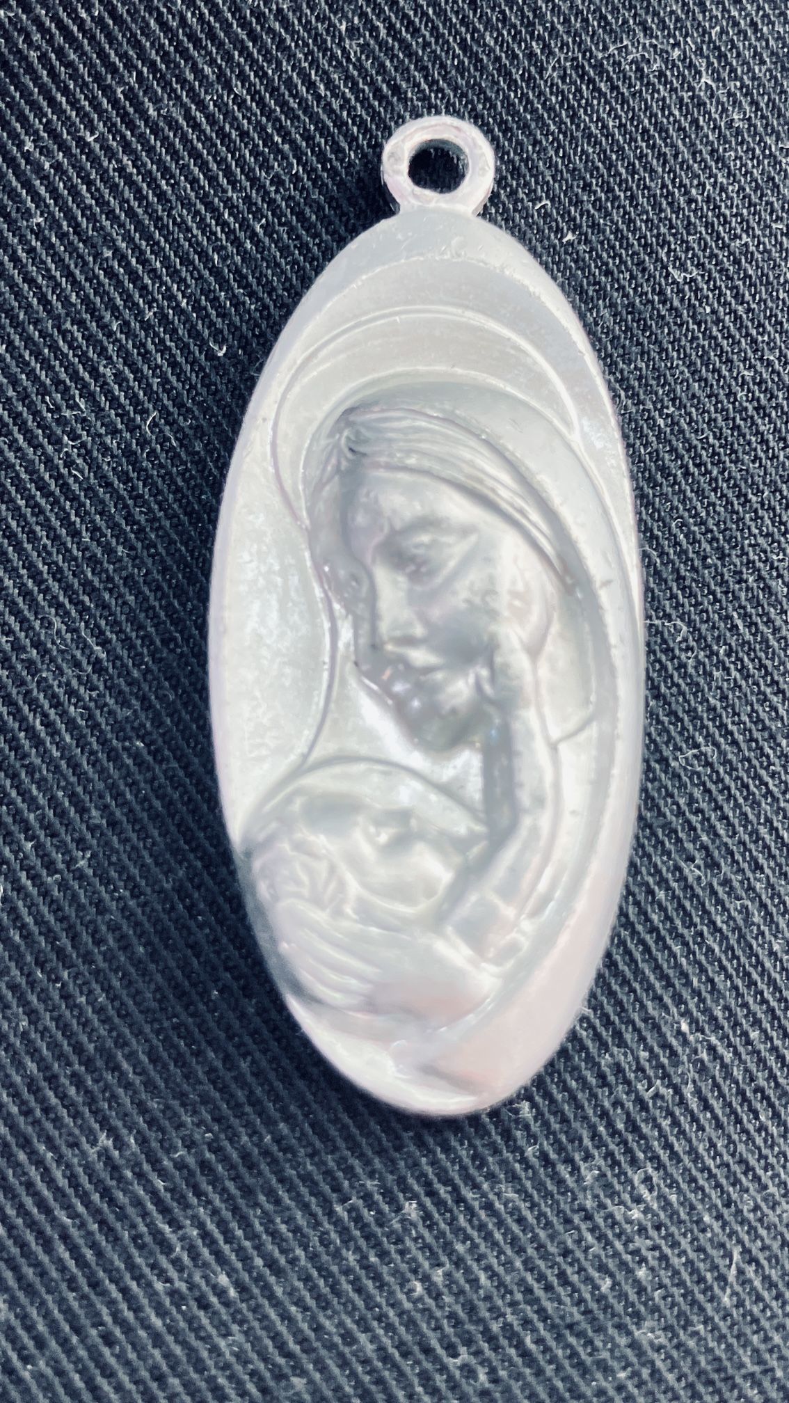 Vintage Religious Metal Madonna & Child silver Tone Diamond Cut Charm Pendant