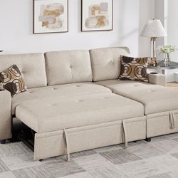 Beige Sectional Sofa With Pullout Bed 