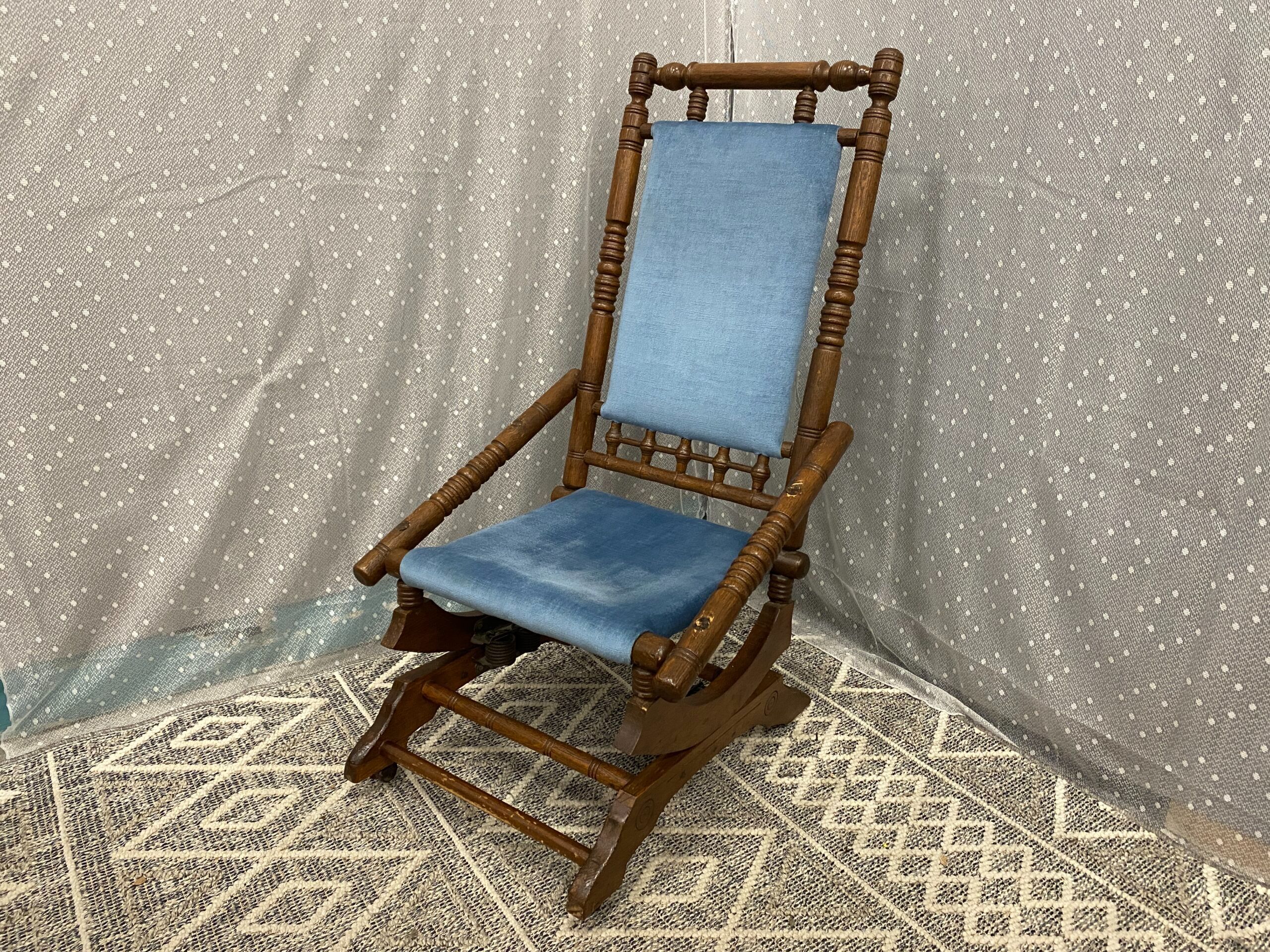 Antique 1920’s Victorian Wooden Rocking Chair with Blue Velvet Cushions