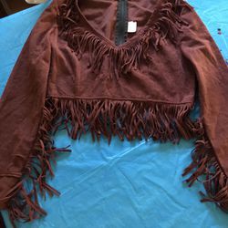 Vintage Fake Suede Fringed Crop Top Size Small 