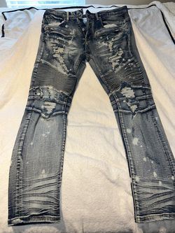 DOPE Men’s Distressed Moto Biker Jeans – Bleach Splatter & Ribbed Panels
