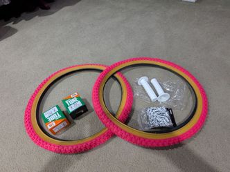 TWO NEW 20X 1.75 PINK/GUMWALL BMX BICYCLE TIRES COMP 3 STYLE, TUBES, TRIANGLE GRIPS AND WHITE/ CHROME CHAIN