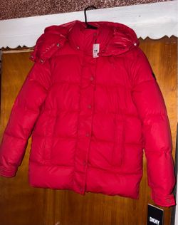 DKNY Red Puffer Jacket with Hood - XS