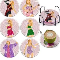 6PCS Singer Diamond Painting Coasters, Diamond Art Kits for Adults, Diamond Dot Art Coasters with Holder for Home Party Decor Supplies (6)
