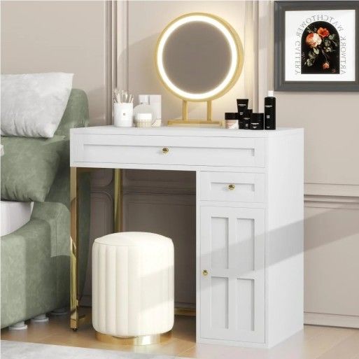 Makeup Vanity Desk with Lighted Mirror, Luxury with 2 Drawers and 1 Cabinet, 3 Lighting Modes White-Gold