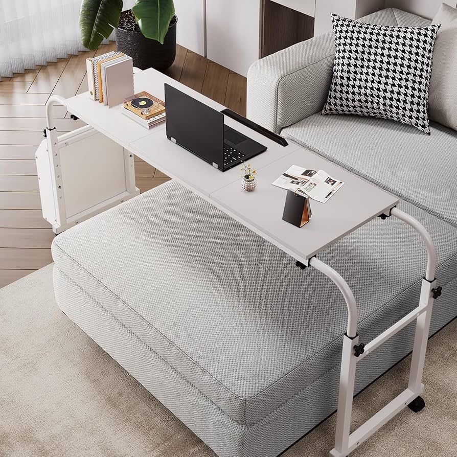Overbed Table with Wheels,60.6-84.2 inches Mobile Bed Desk,Rolling Computer Desk, Laptop Cart,W/0-65°Tilt Stand,4 Heights and 6 Lengths,Side Storage B