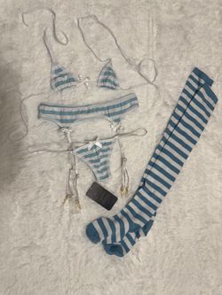 New Small Blue Bikini Lingerie Panty Bra Stockings Set 