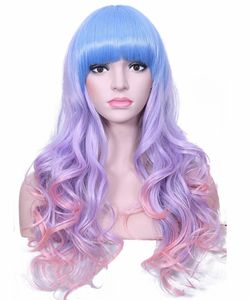 Long Rainbow Unicorn Wavy Wigs Multi-color Heat Resistant Hair with Blunt Bangs Harajuku Style Cosplay Halloween Wigs(Light Blue/Purple/Pink