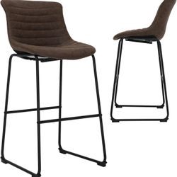 Black Color Bar Stools 28" Counter Height Stools with Metal Legs Set of 2, Dining Chairs, Faux Leather Bar Chairs with Backrest, Modern Design for Kit