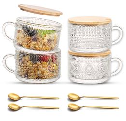 4-Pack Vintage Glass Coffee Mugs with Bamboo Lids & Spoons – New