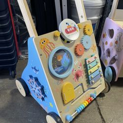 NEW - Ocean-Themed Wooden Baby Walker with Activity Center, Montessori Push Walker Toy for Babies 18 Months, Safe First Steps Baby Walking Aid for Boy