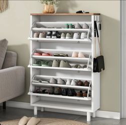 Fashionable White Shoe Cabinet With 3 Flip Drawers And Adjustable Panel, Wood Grain Finish Top For Entryway, Hooks Standing Box Contemporary & Shelves