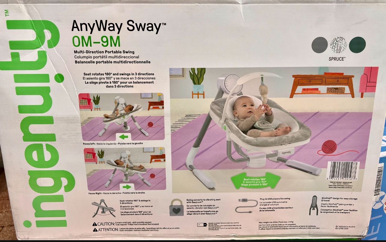 Brandnew Ingenuity Anyway Sway 5-Speed Multi-Direction Portable Baby Swing with Vibrations - Ray (Unisex)