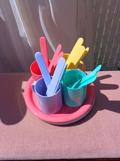 Colorful Pastel Picnic Dining Set - 4 Mugs Spoons Forks Knives & Plates