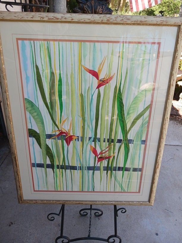 SALE Large Framed Signed Watercolor Birds Of Paradise Painting Collectibles & Art