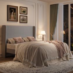 Queen Size Platform Bed Frame with Velvet Upholstered Wingback Headboard, Light Gray