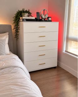 🚨White-gold 5-Drawer Dresser with Wheels (wheels are optional ) – Modern Storage Cabinet R-12