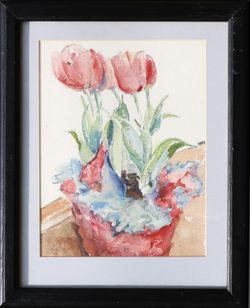 Red Tulips framed vintage watercolor painting original still life floral artwork