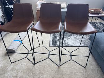 Set of 3 Brown Leather Bar Stools