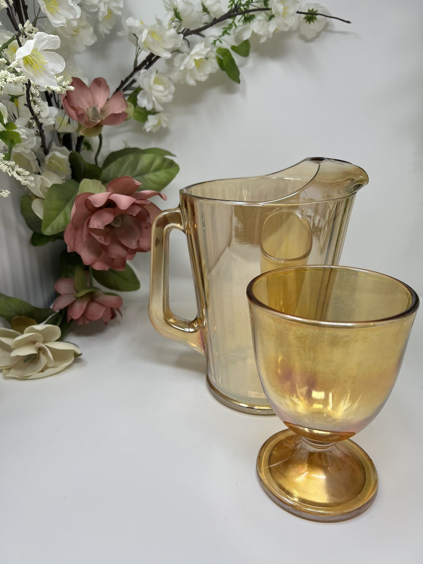 Vintage Jeannette Marigold Carnival Glass Pitcher & Goblet