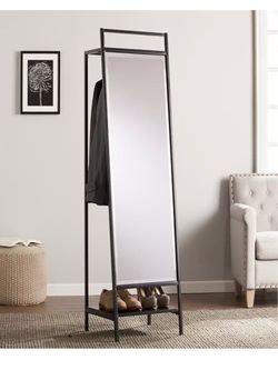Standing mirror with hidden coat rack.