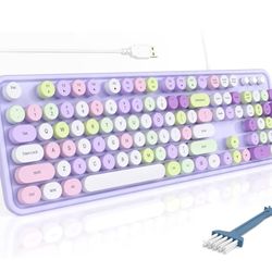 New Colorful Computer Keyboard Wired, Cute Full Size Keyboard Typewriter Style, USB Keyboard with Foldable Stands for Windows, Laptop, Desktop