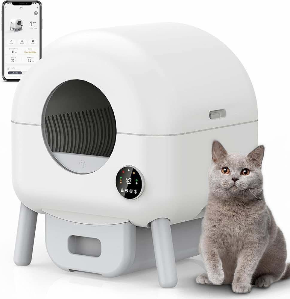 Self Cleaning Litter Box - 105L Automatic Litter Box for Multiple Cats, 1 Roll Trash Bags and Mat Included, App Control, Little-White
