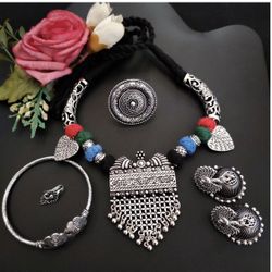 Oxidised Necklace Set With Earrings,Ring, Nosepin And Bracelet 
