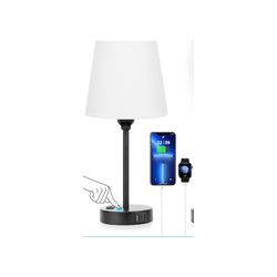 Touch Control Table Lamp, 3 Way Dimmable Nightstand Lamps with 2 USB Charging Ports, Fabric Shade Modern Bedside Desk Lamp for Bedroom Living Room, 6W